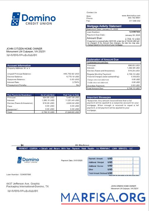 Blank USA Bank of Domino bank mortgage statement in Word and PDF formats example